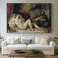Canvas art print detailing a mythological interior with resting figure and surrounding fabrics, centered above a sofa as a large focal wall piece