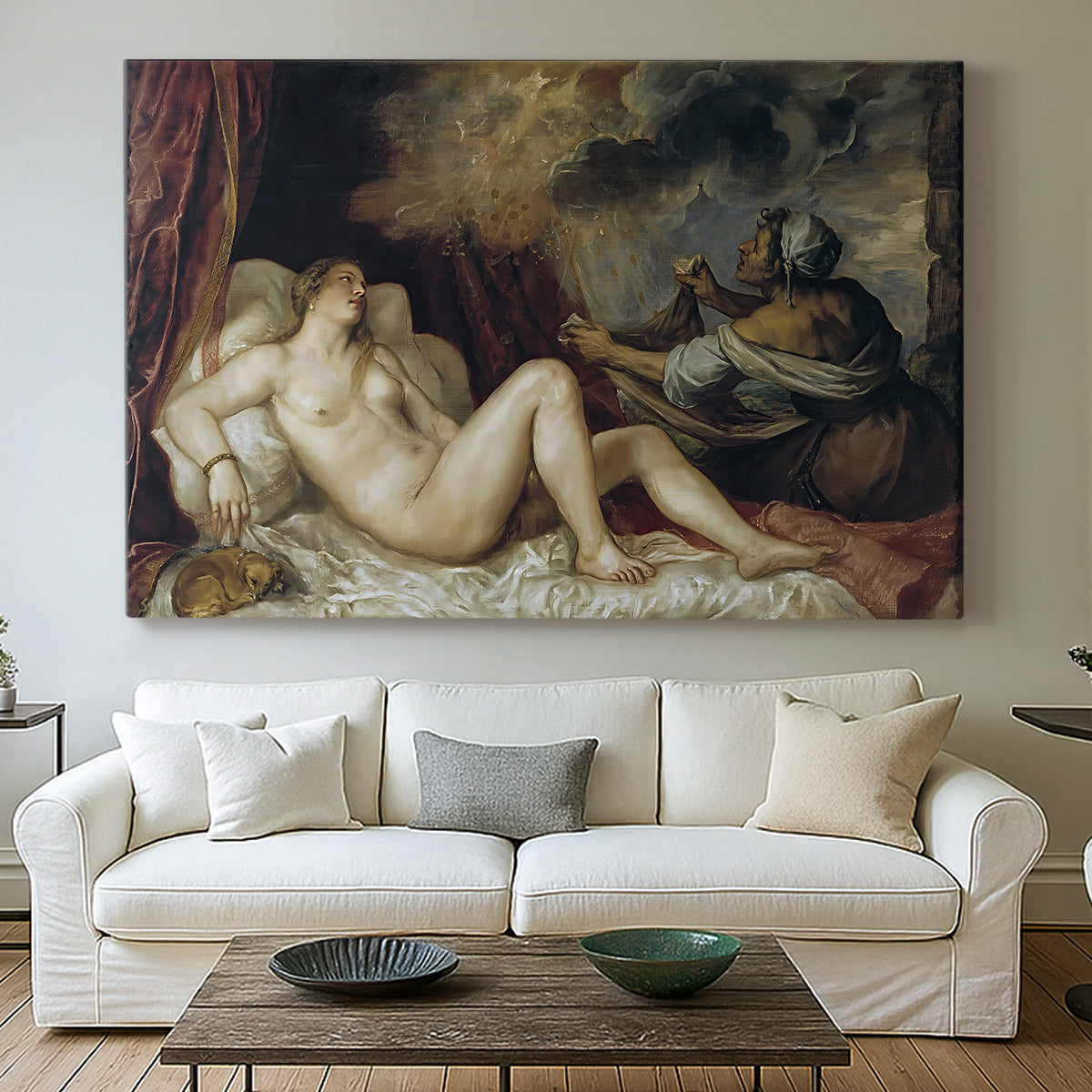 Canvas art print detailing a mythological interior with resting figure and surrounding fabrics, centered above a sofa as a large focal wall piece