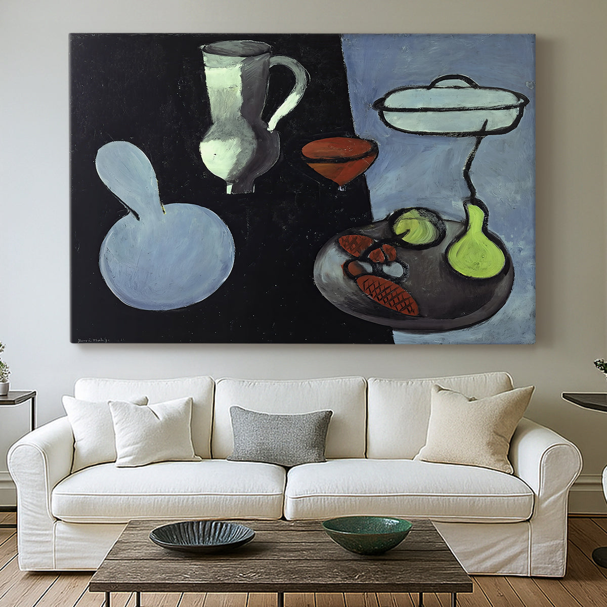 Canvas art print detailing a stylized still life featuring gourds, centered above a sofa as a large focal wall piece