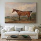 Canvas art print detailing a rural setting with figure and horse, centered above a sofa as a large focal wall piece