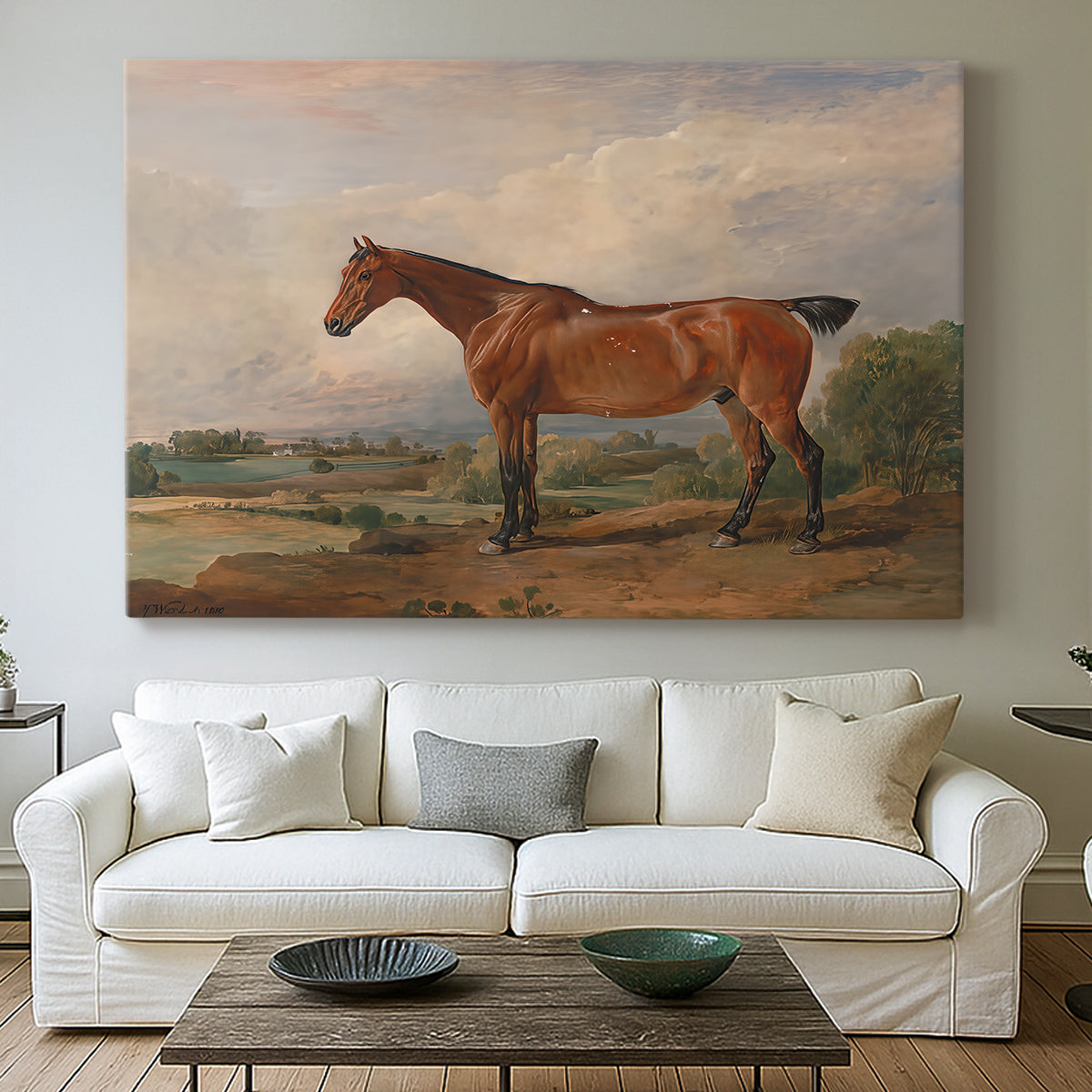 Canvas art print detailing a rural setting with figure and horse, centered above a sofa as a large focal wall piece