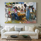 Canvas art print detailing an impressionist scene of people gathered around nets, centered above a sofa as a large focal wall piece