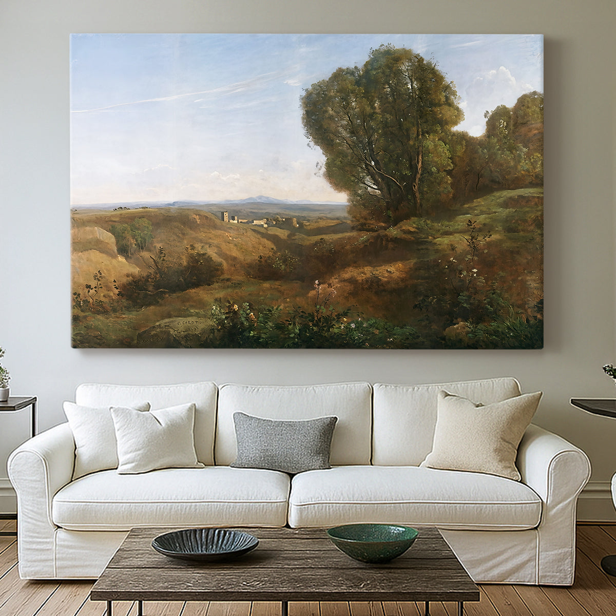 Canvas art print detailing a landscape view emphasizing calm environment, centered above a sofa as a large focal wall piece