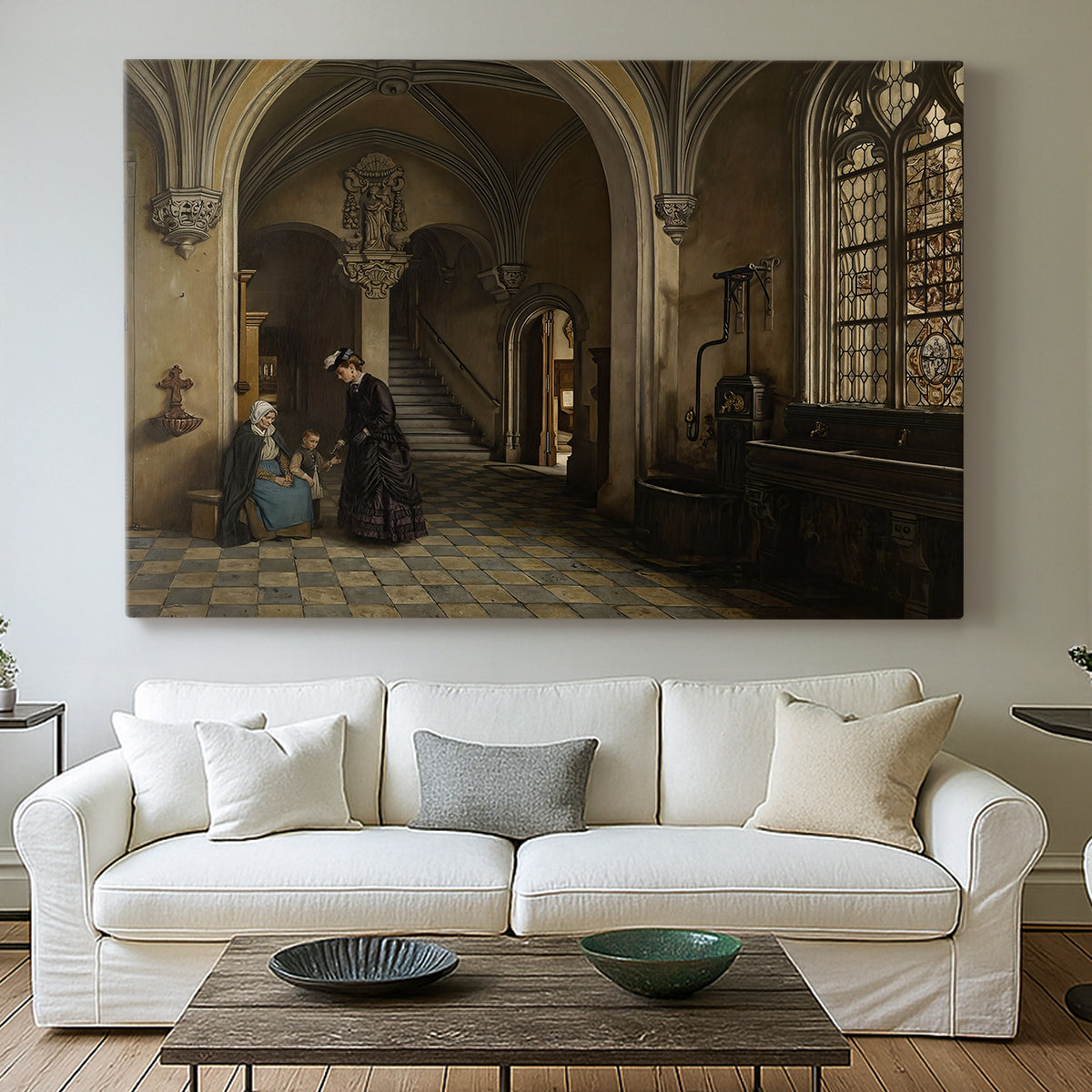 Canvas art print detailing an interior view emphasizing structure and depth of building, centered above a sofa as a large focal wall piece
