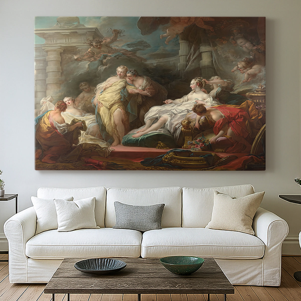 Canvas art print detailing a classical narrative scene with elegant surroundings, centered above a sofa as a large focal wall piece