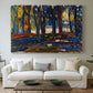 Canvas art print detailing a stylized landscape focusing on color and atmosphere, centered above a sofa as a large focal wall piece