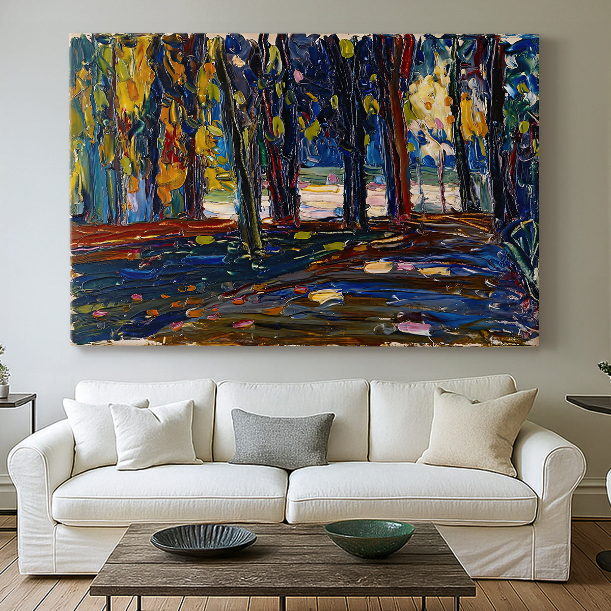 Canvas art print detailing a stylized landscape focusing on color and atmosphere, centered above a sofa as a large focal wall piece