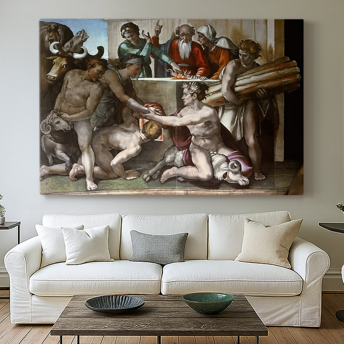 Canvas art print detailing a traditional depiction of biblical sacrifice, centered above a sofa as a large focal wall piece