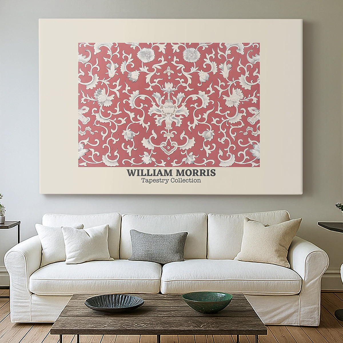 Canvas art print detailing a textile composition featuring symmetrical flower motifs, centered above a sofa as a large focal wall piece