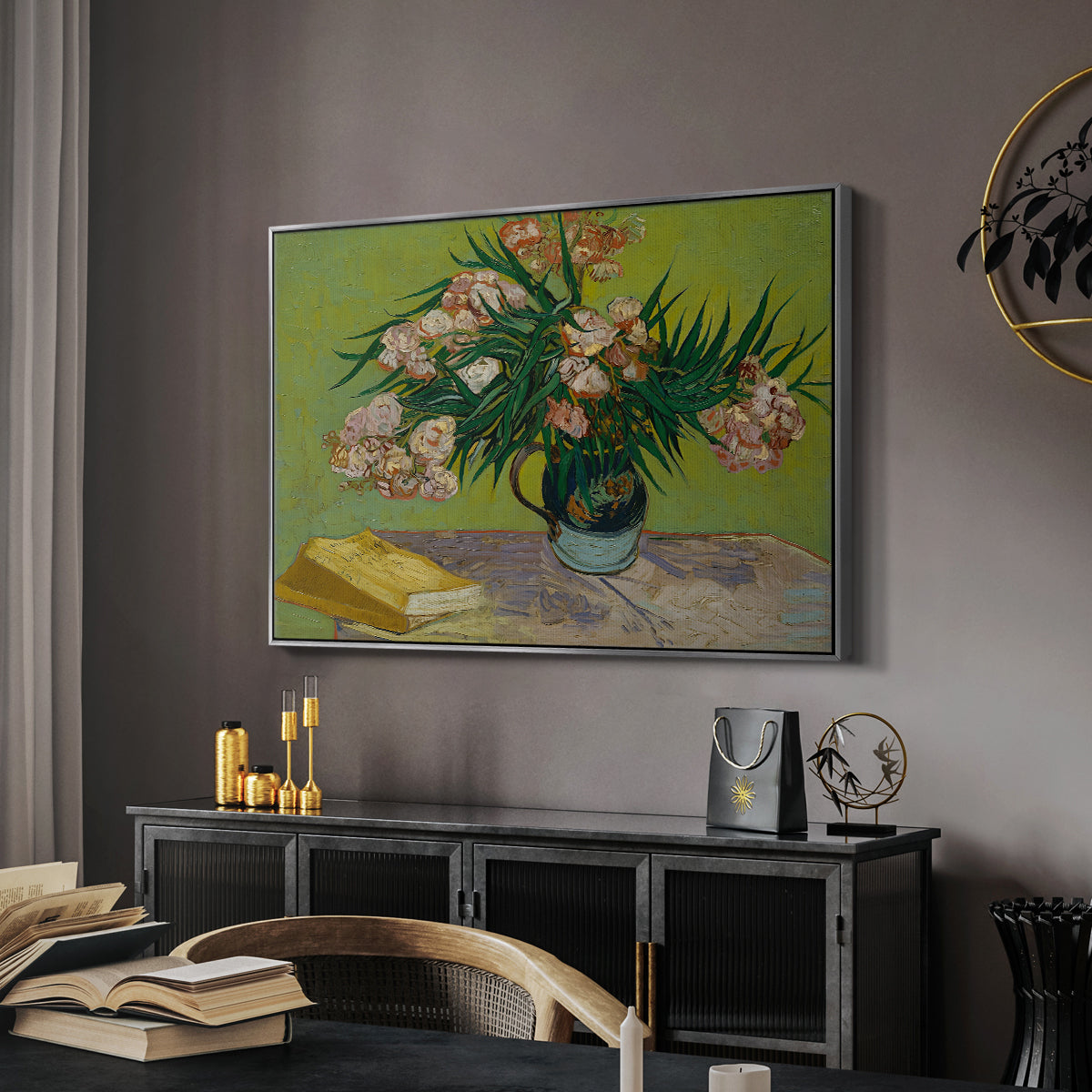 Vase with Oleanders and Books, 1888 - Floater Framed Canvas Print