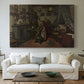 Canvas art print detailing an interior view with minimal objects and muted tones, centered above a sofa as a large focal wall piece