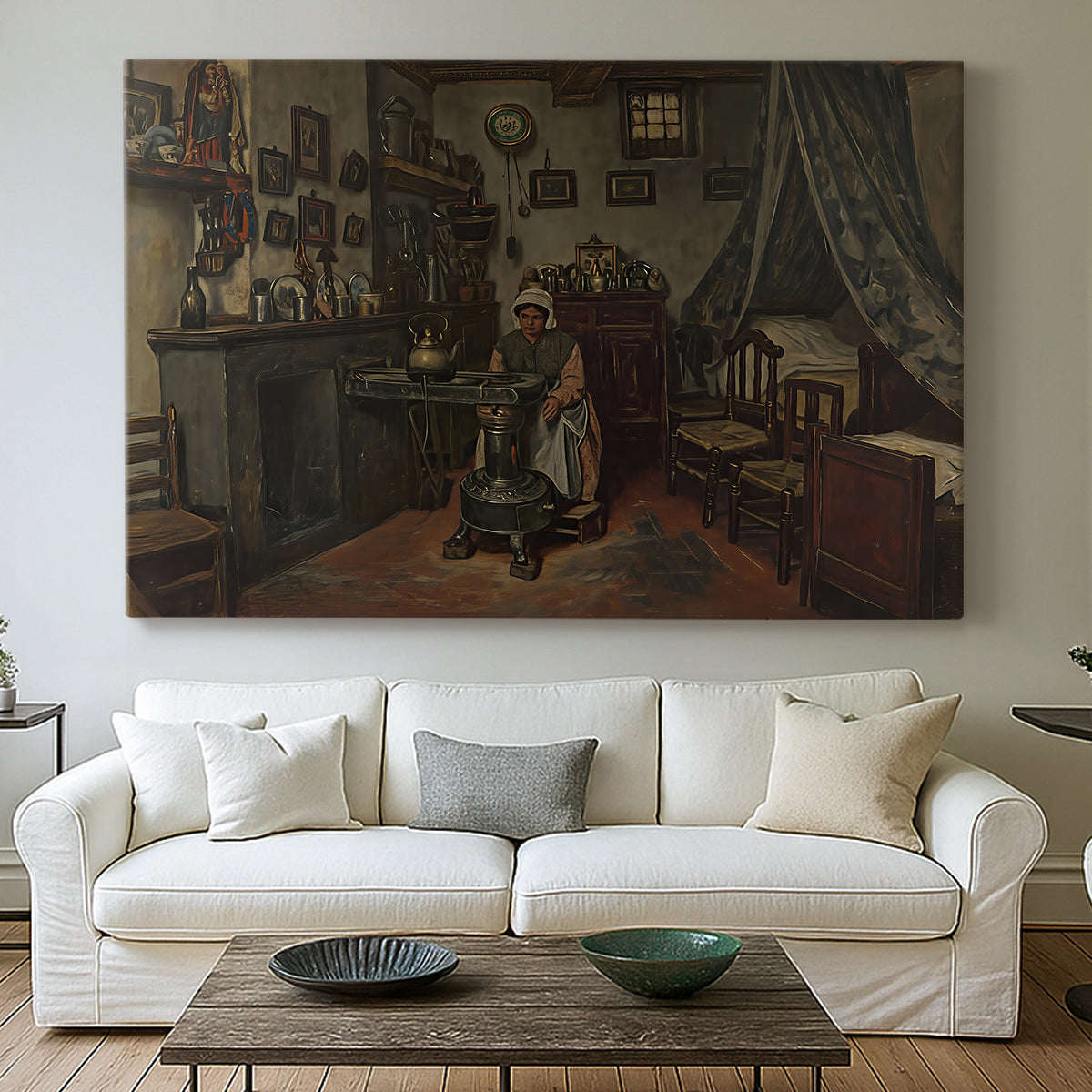 Canvas art print detailing an interior view with minimal objects and muted tones, centered above a sofa as a large focal wall piece