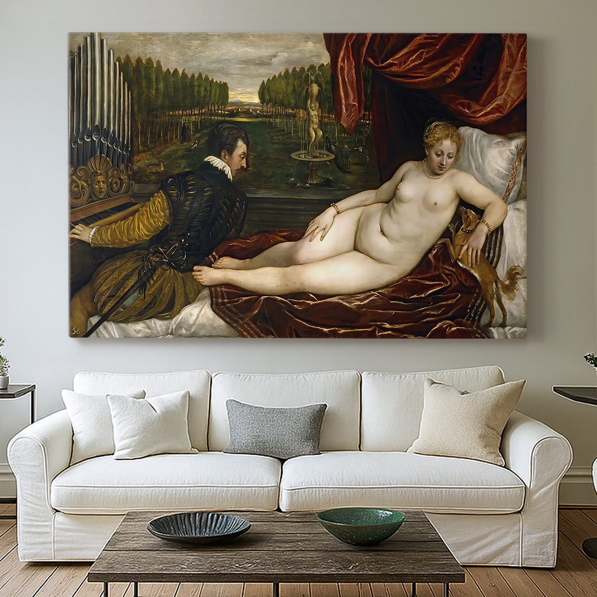 Canvas art print detailing a classical interior with reclining Venus and seated organist, centered above a sofa as a large focal wall piece