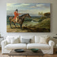 Canvas art print detailing a dynamic rural scene with figures and animals in motion, centered above a sofa as a large focal wall piece