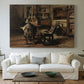 Canvas art print detailing a studio setting with layered objects and muted lighting, centered above a sofa as a large focal wall piece
