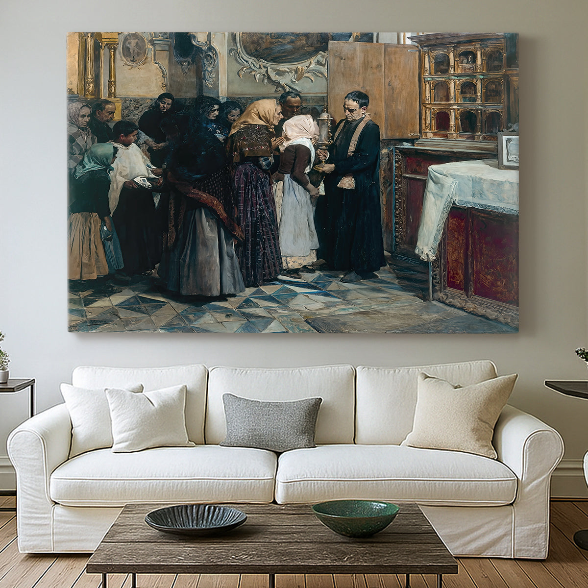 Canvas art print detailing a narrative composition centered on sacred object, centered above a sofa as a large focal wall piece