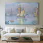 Canvas art print detailing a maritime view with sailboat, centered above a sofa as a large focal wall piece