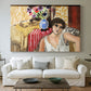 Canvas art print detailing a stylized interior portrait, centered above a sofa as a large focal wall piece
