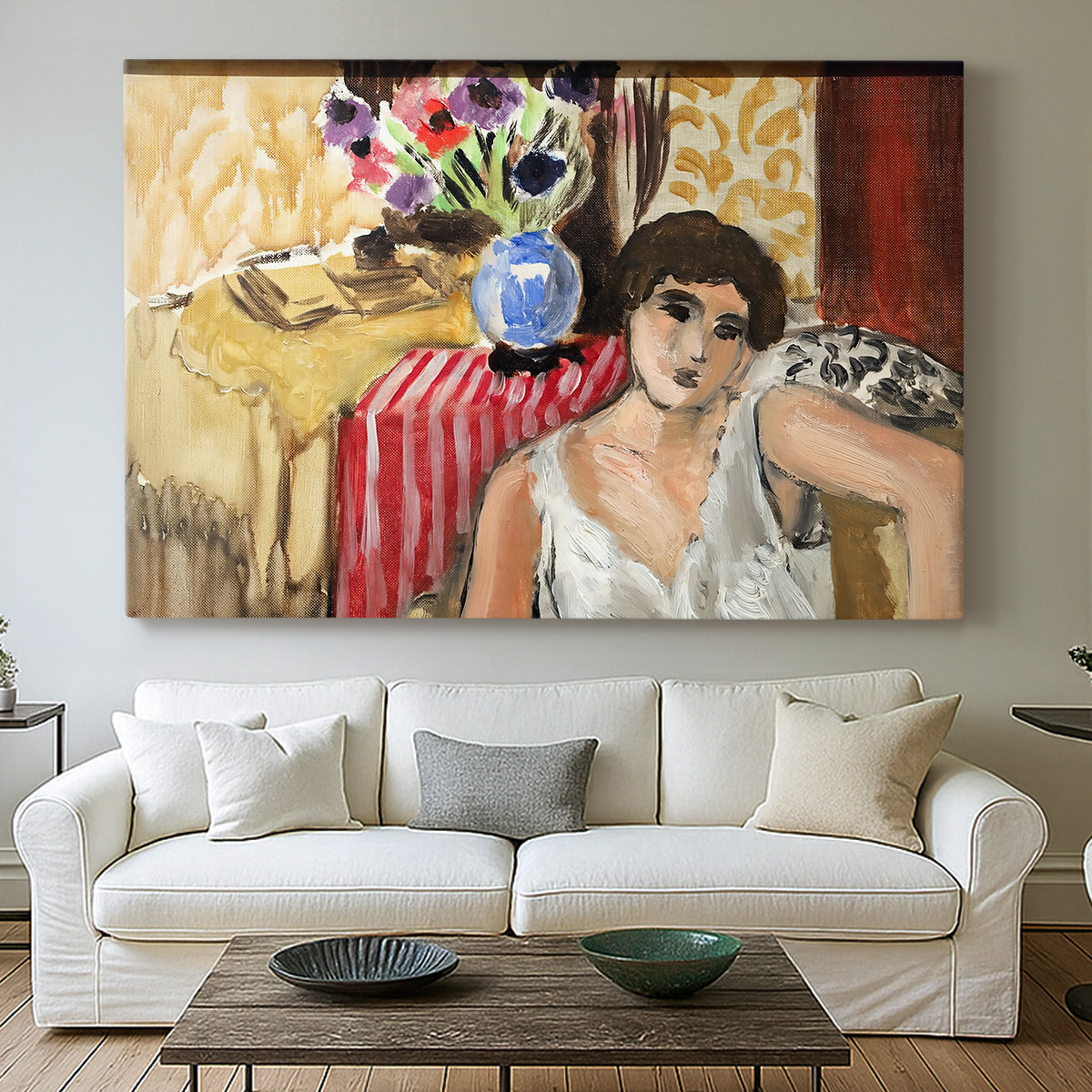Canvas art print detailing a stylized interior portrait, centered above a sofa as a large focal wall piece