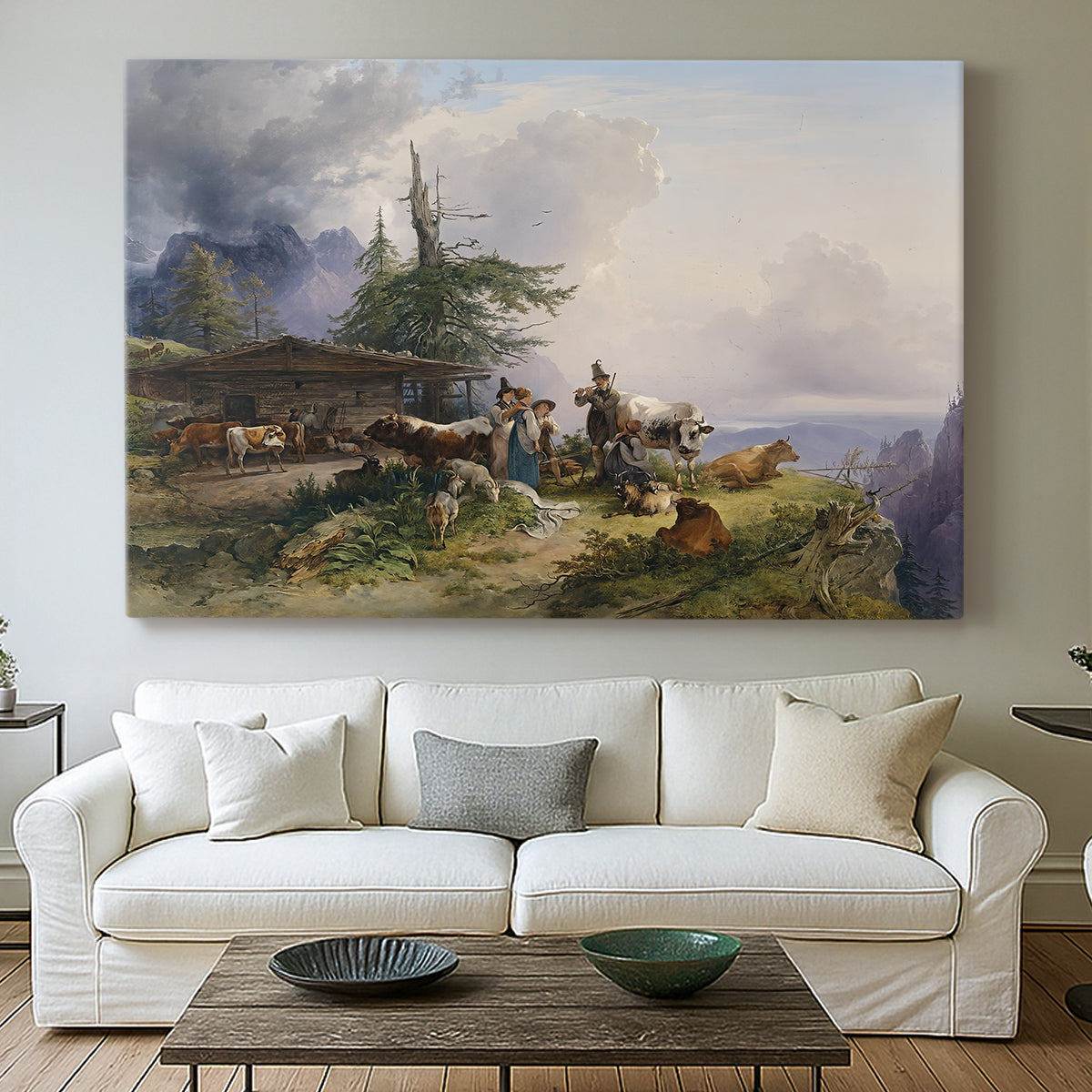 Canvas art print detailing a realistic countryside composition with farm and terrain, centered above a sofa as a large focal wall piece