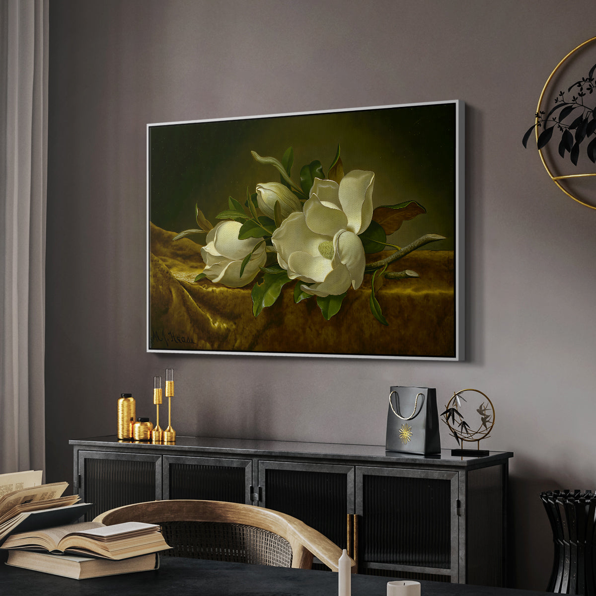 Magnolias on Gold Velvet Cloth, c. 1888-1890 - Floater Framed Canvas Print