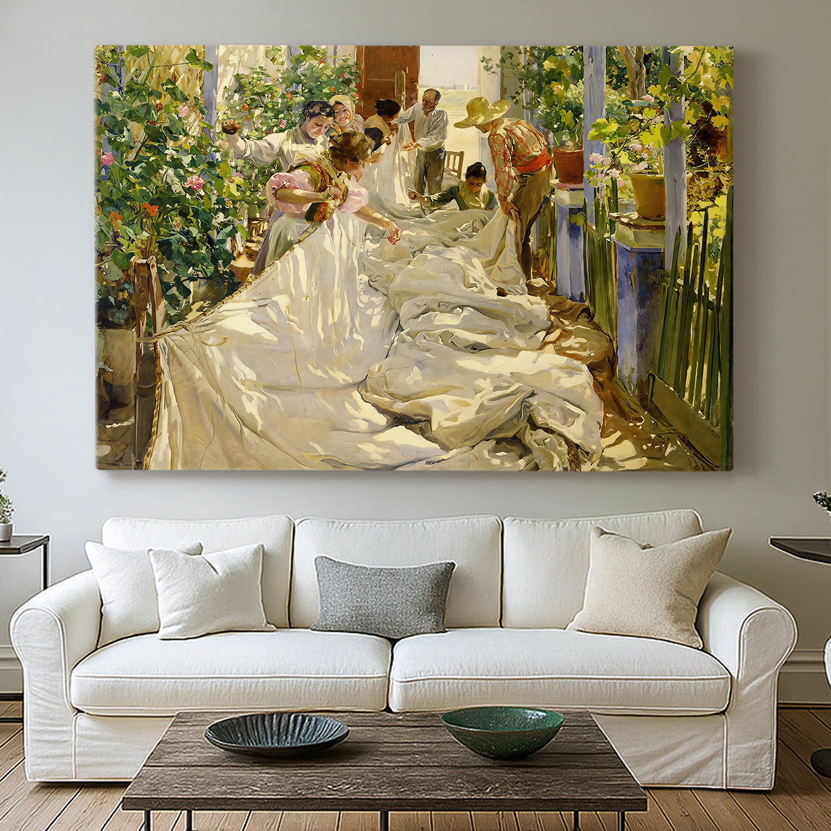 Canvas art print detailing an expressive depiction of group engaged in manual work, centered above a sofa as a large focal wall piece
