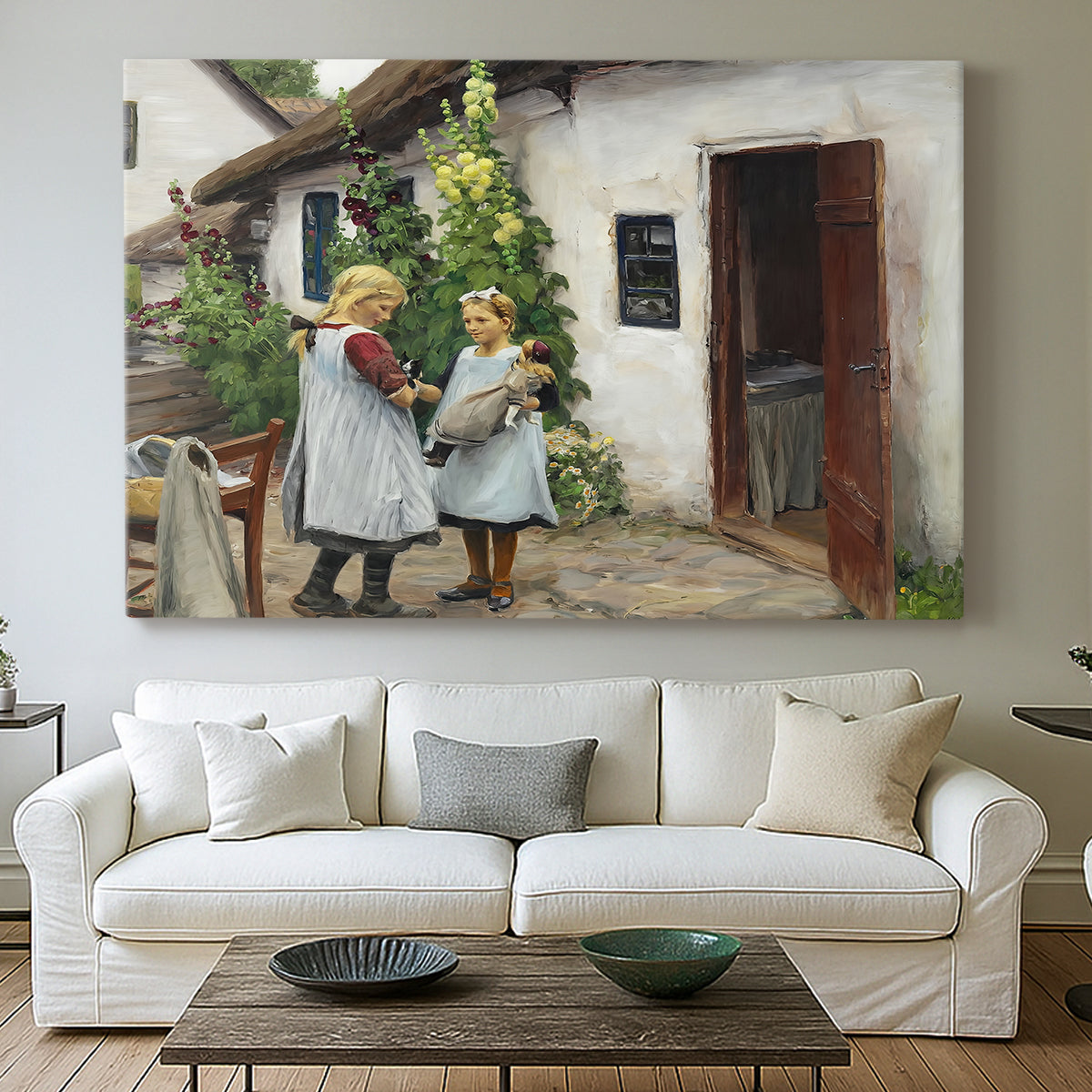 Canvas art print detailing a farmhouse exterior with figures engaged in everyday moment, centered above a sofa as a large focal wall piece