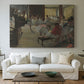 Canvas art print detailing a group of dancers preparing during class with natural light, centered above a sofa as a large focal wall piece