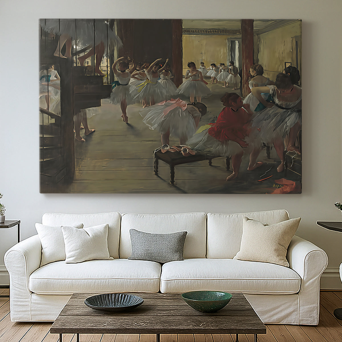 Canvas art print detailing a group of dancers preparing during class with natural light, centered above a sofa as a large focal wall piece