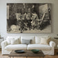 Canvas art print detailing a monochrome-style depiction of strategic game between two figures, centered above a sofa as a large focal wall piece
