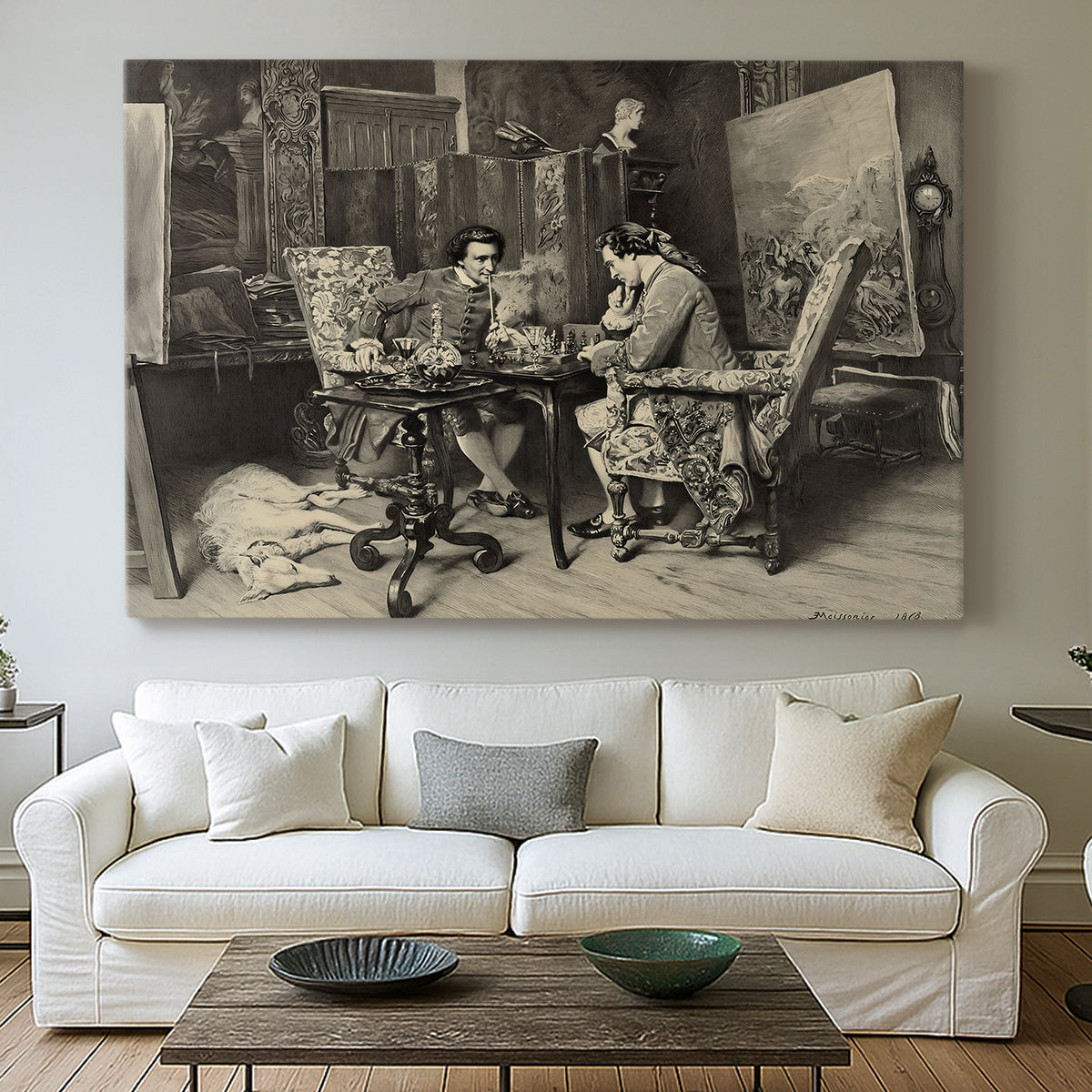 Canvas art print detailing a monochrome-style depiction of strategic game between two figures, centered above a sofa as a large focal wall piece