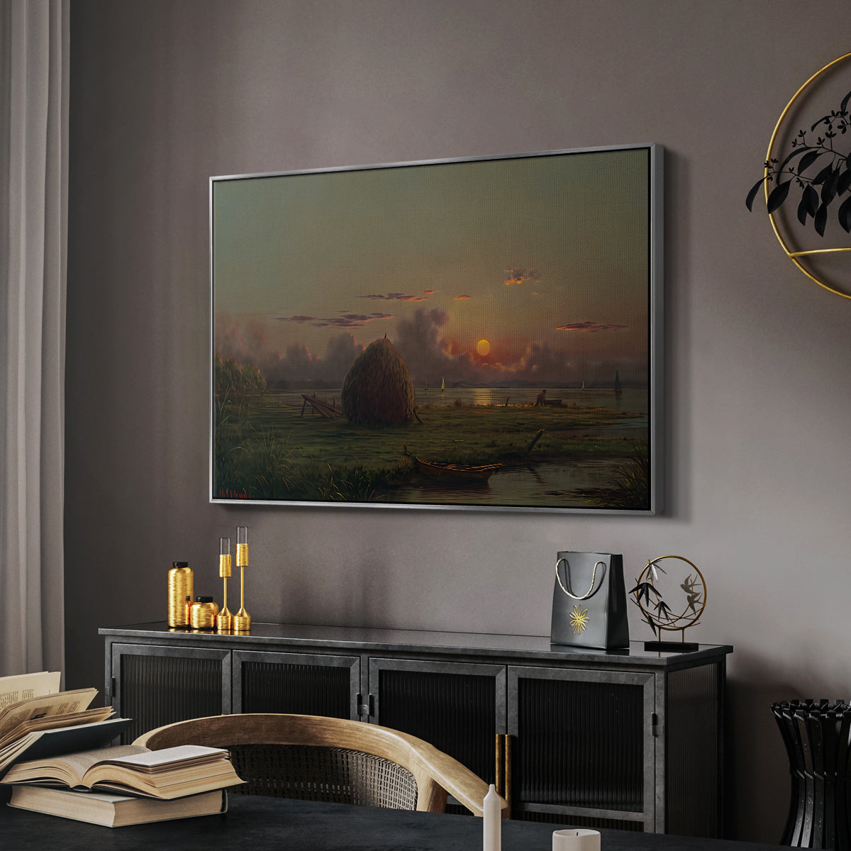 Haystack at Sunset, 1880 - Floater Framed Canvas Print