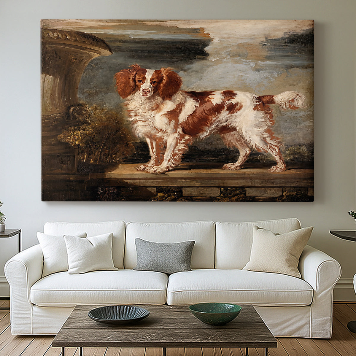 Canvas art print detailing a countryside scene featuring domestic dog, centered above a sofa as a large focal wall piece