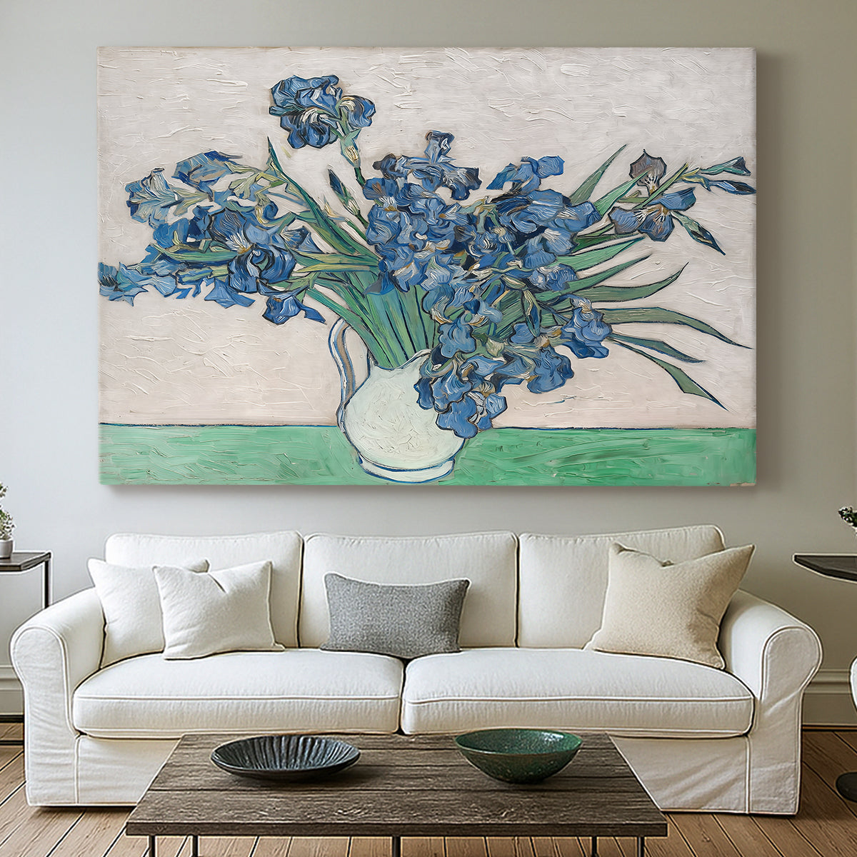 Canvas art print detailing a stylized botanical composition with texture, centered above a sofa as a large focal wall piece