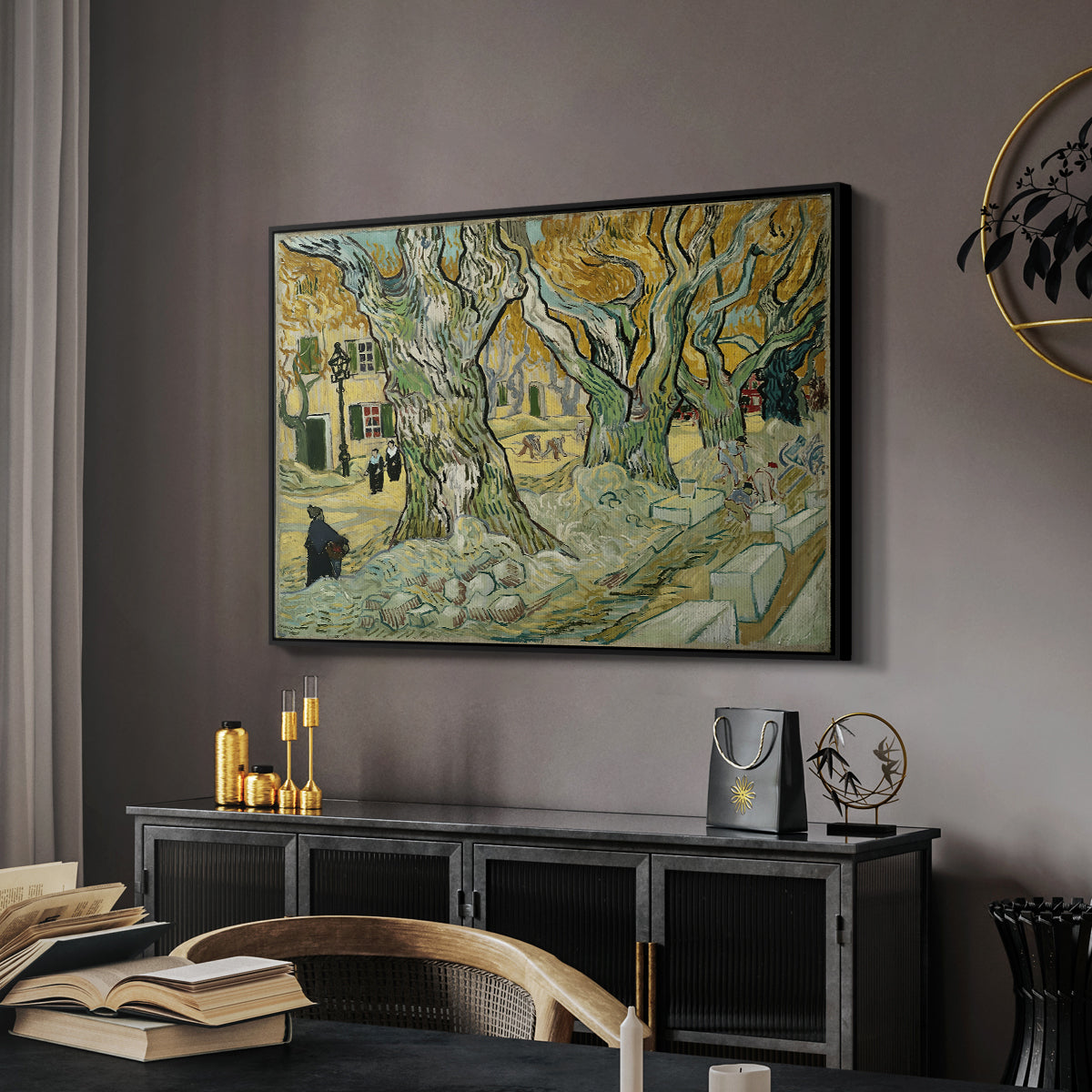 The Large Plane Trees (Road Menders at Saint-Rémy), 1889 - Floater Framed Canvas Print
