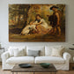 Canvas art print detailing a dynamic rural setting with animals engaged in action, centered above a sofa as a large focal wall piece