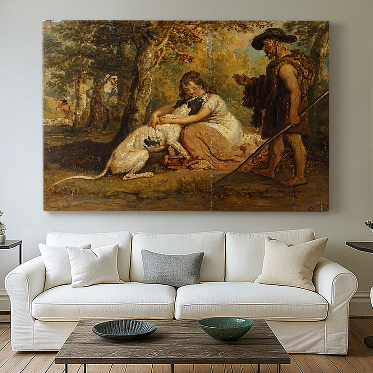 Canvas art print detailing a dynamic rural setting with animals engaged in action, centered above a sofa as a large focal wall piece