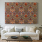 Canvas art print detailing a botanical motif arranged in structured repeat pattern, centered above a sofa as a large focal wall piece