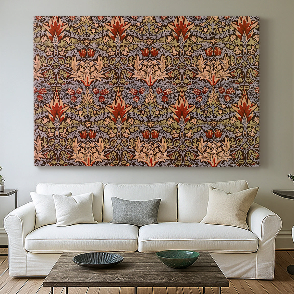Canvas art print detailing a botanical motif arranged in structured repeat pattern, centered above a sofa as a large focal wall piece