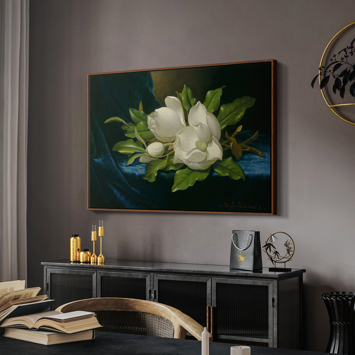 Giant Magnolias on a Blue Velvet Cloth, c. 1890 - Floater Framed Canvas Print