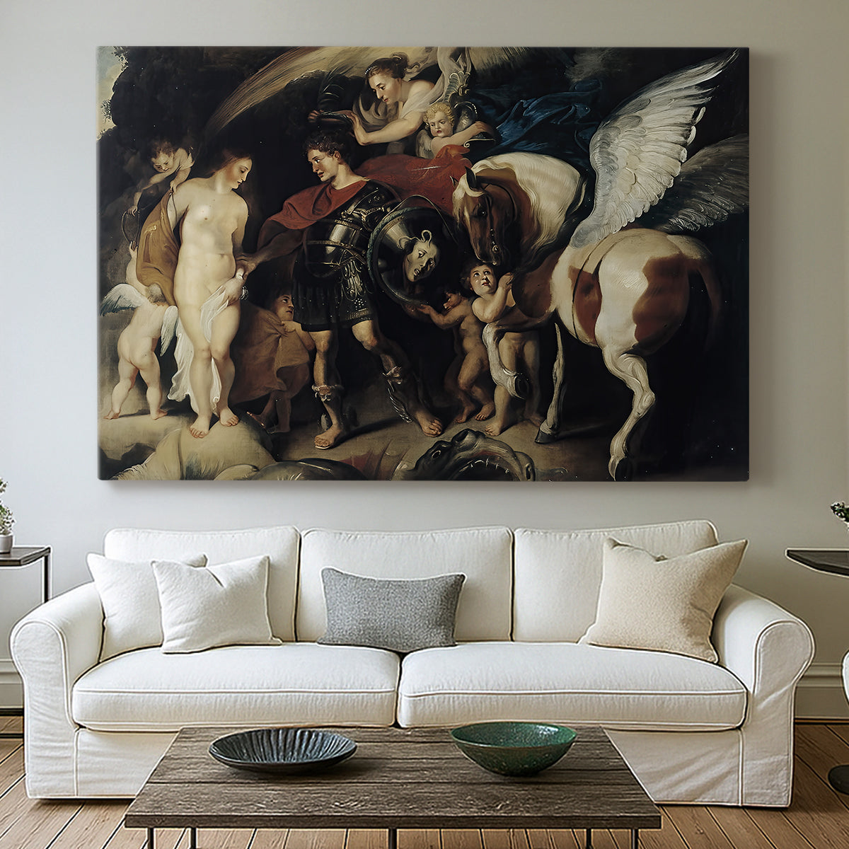 Canvas art print detailing a classical depiction of mythological rescue, centered above a sofa as a large focal wall piece