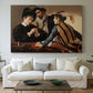 Canvas art print detailing a dramatic interior scene of gambling and trickery among figures, centered above a sofa as a large focal wall piece
