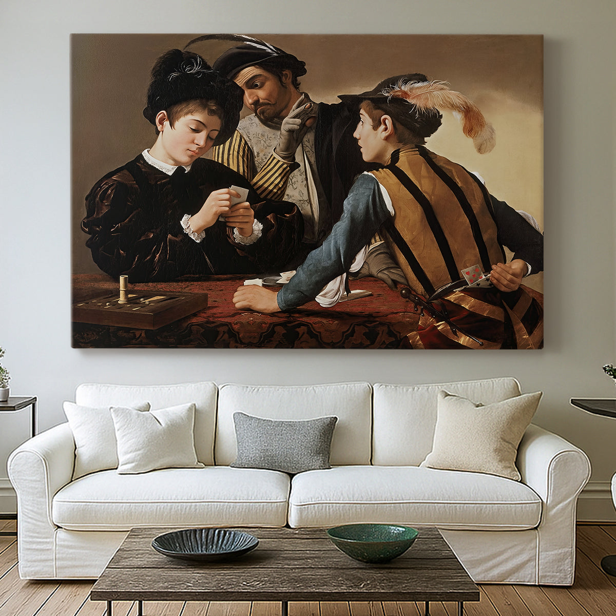 Canvas art print detailing a dramatic interior scene of gambling and trickery among figures, centered above a sofa as a large focal wall piece