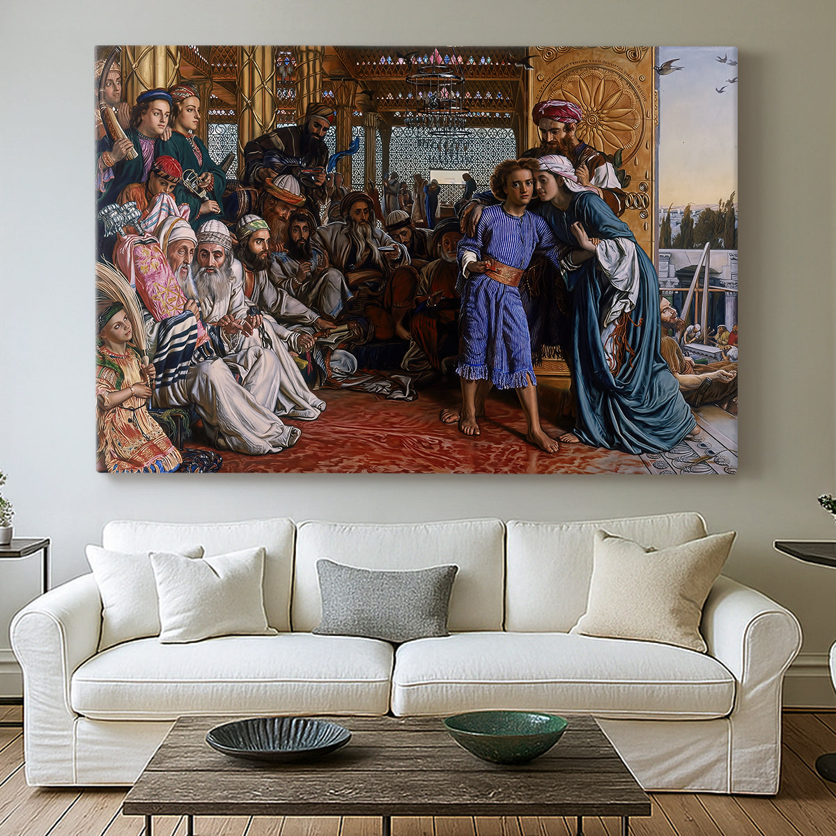 Canvas art print detailing a narrative composition with multiple figures in structured setting, centered above a sofa as a large focal wall piece
