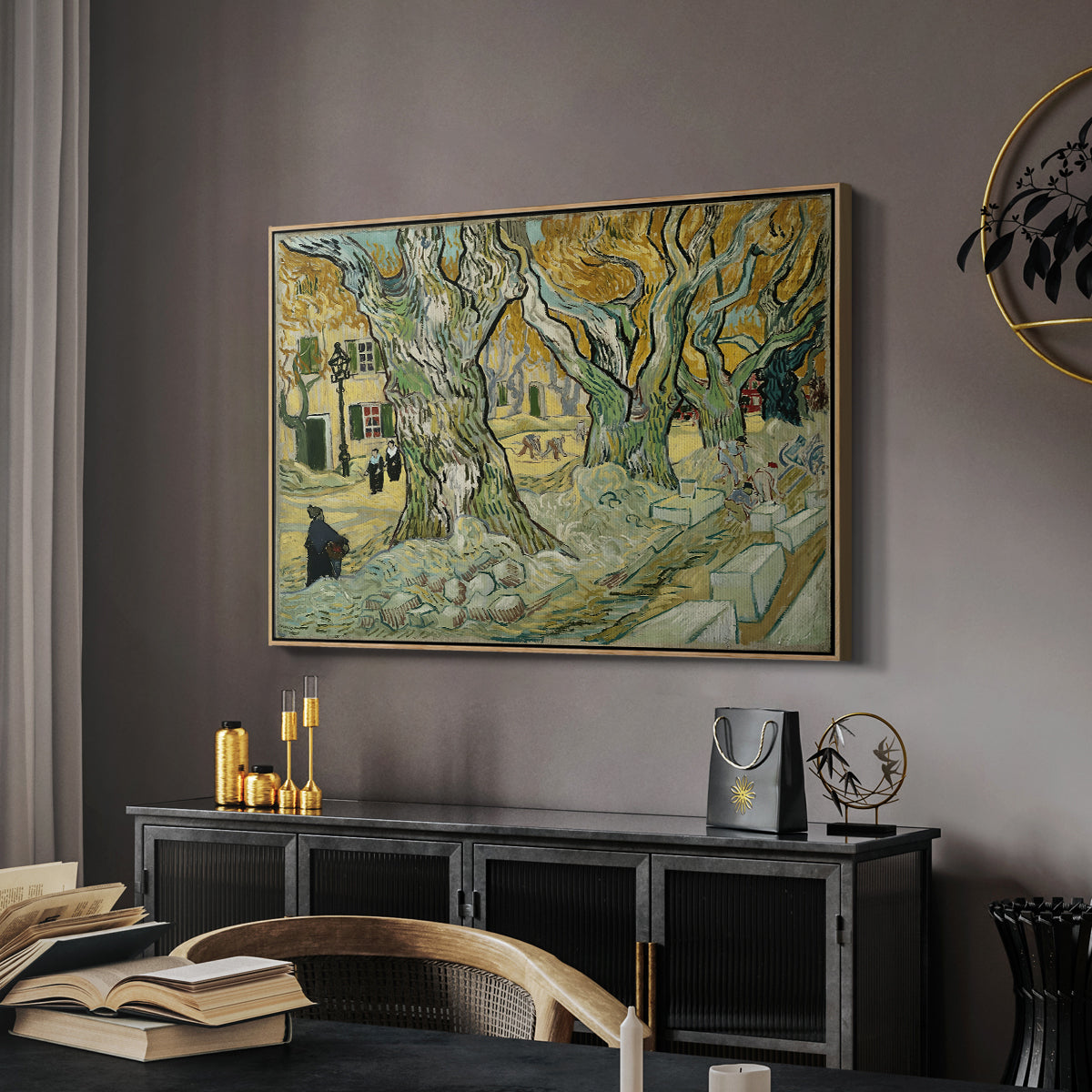 The Large Plane Trees (Road Menders at Saint-Rémy), 1889 - Floater Framed Canvas Print