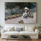 Canvas art print detailing a tranquil outdoor portrait of girl in floral setting, centered above a sofa as a large focal wall piece