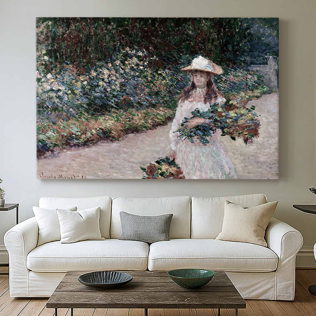 Canvas art print detailing a tranquil outdoor portrait of girl in floral setting, centered above a sofa as a large focal wall piece