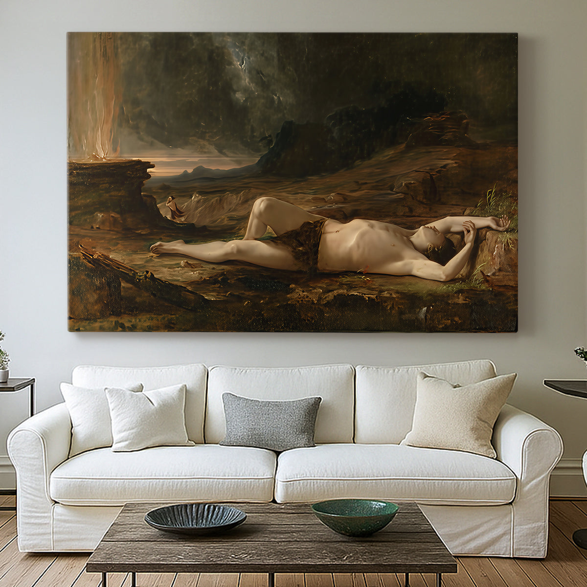 Canvas art print detailing a narrative landscape with solitary figure and muted tones, centered above a sofa as a large focal wall piece