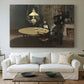 Canvas art print detailing an intimate indoor scene with figure and table in low lighting, centered above a sofa as a large focal wall piece