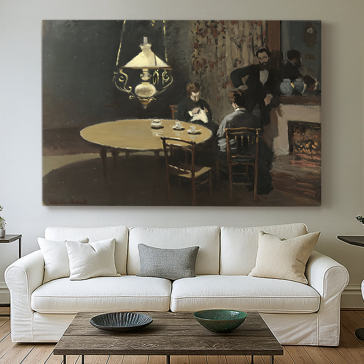 Canvas art print detailing an intimate indoor scene with figure and table in low lighting, centered above a sofa as a large focal wall piece